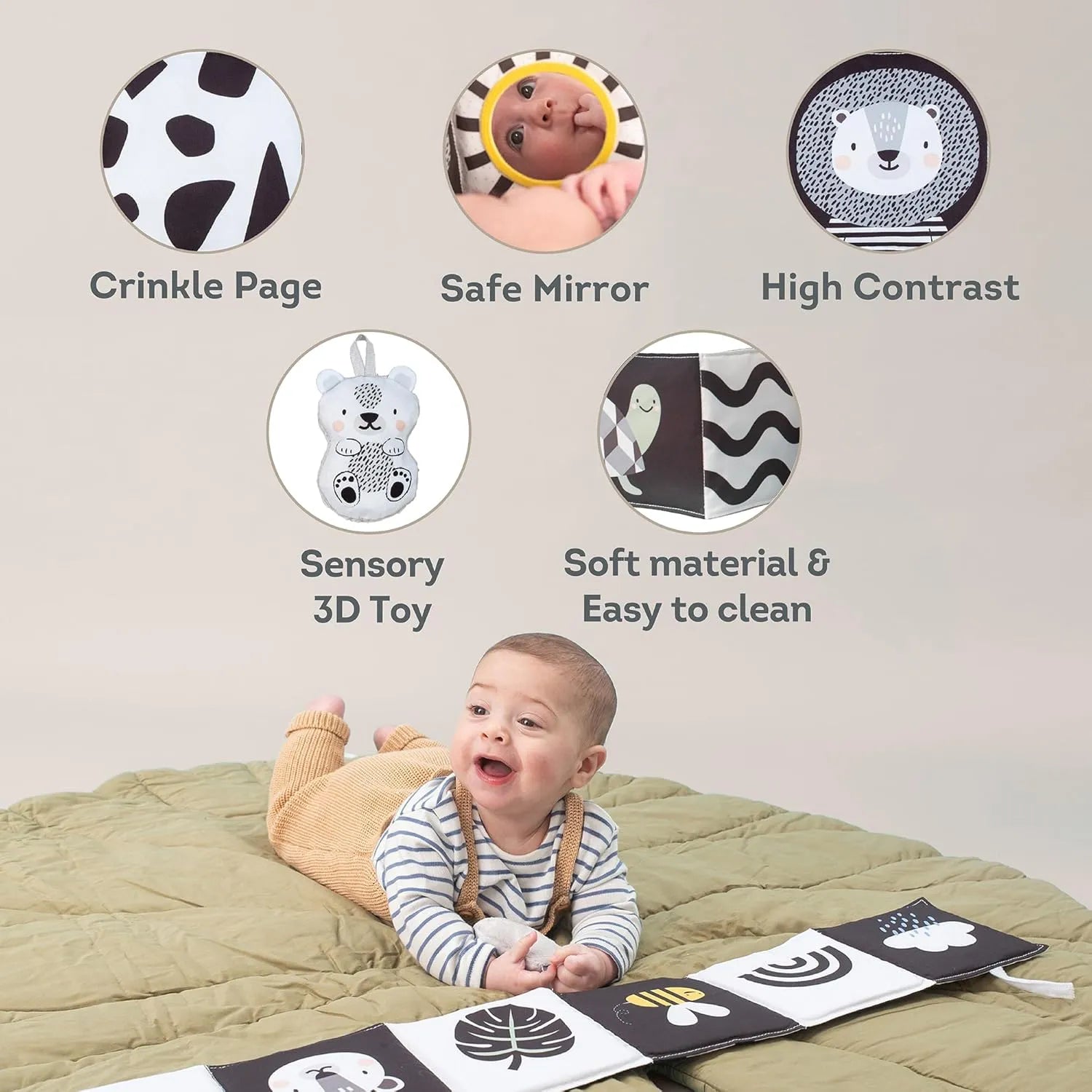 Taf Toys Infant Tummy Time Soft Crinkle Activity Book - Savannah Black & White