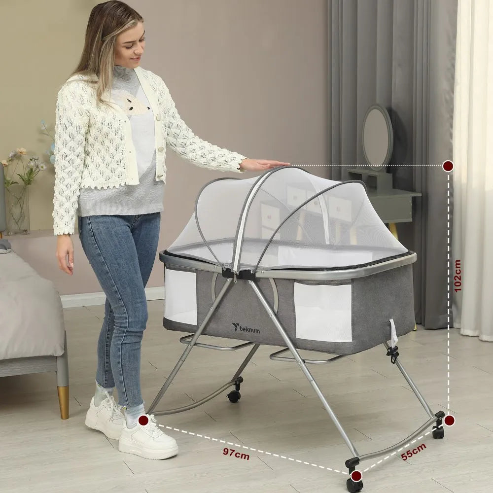 Teknum 3-In-1 Baby Cot Cradle With Mosquito Net & Wheels (Dark Grey)