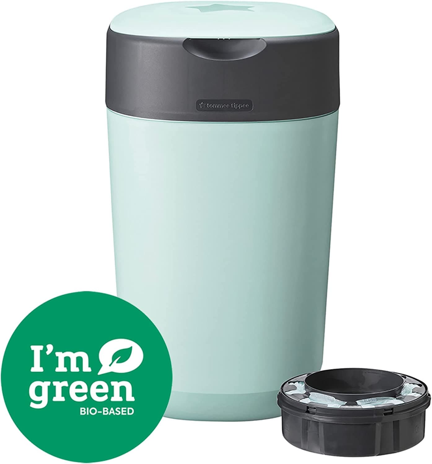 Tommee Tippee Twist and Click Advanced Nappy Bin, Eco-Friendlier System, Includes 1x Refill Cassette with Sustainably Sourced Antibacterial GREENFILM, Green.