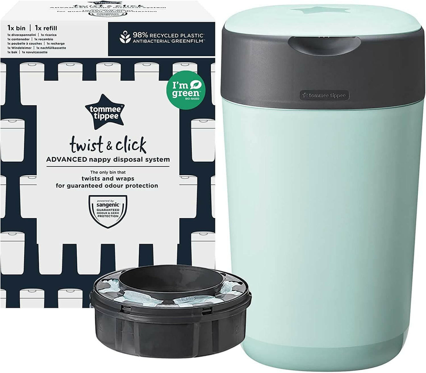 Tommee Tippee Twist and Click Advanced Nappy Bin, Eco-Friendlier System, Includes 1x Refill Cassette with Sustainably Sourced Antibacterial GREENFILM, Green.