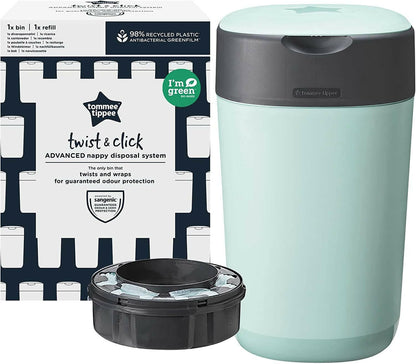 Tommee Tippee Twist and Click Advanced Nappy Bin, Eco-Friendlier System, Includes 1x Refill Cassette with Sustainably Sourced Antibacterial GREENFILM, Green.