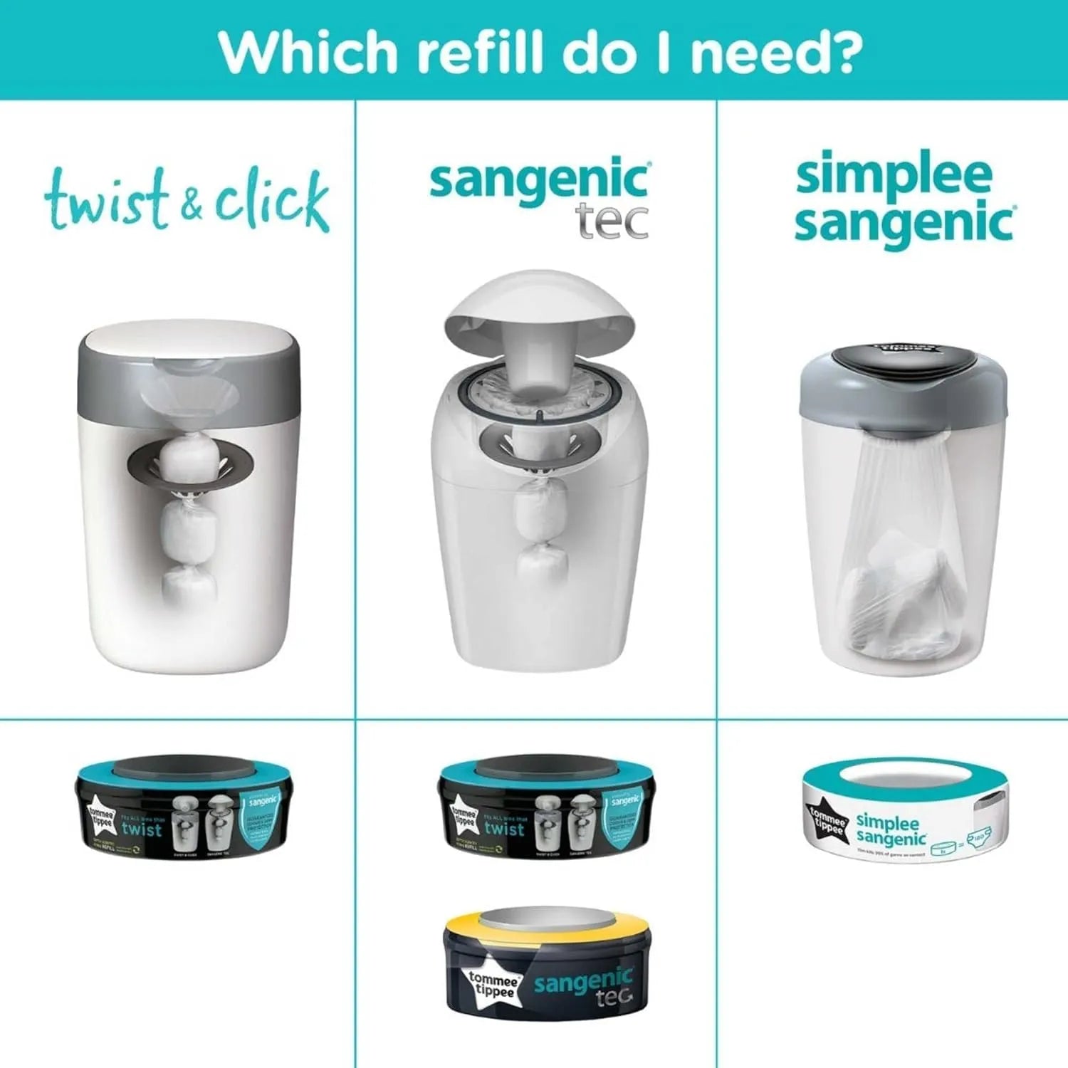 Tommee Tippee Twist and Click Advanced Nappy Disposal Sangenic With 6pcs Refill - White