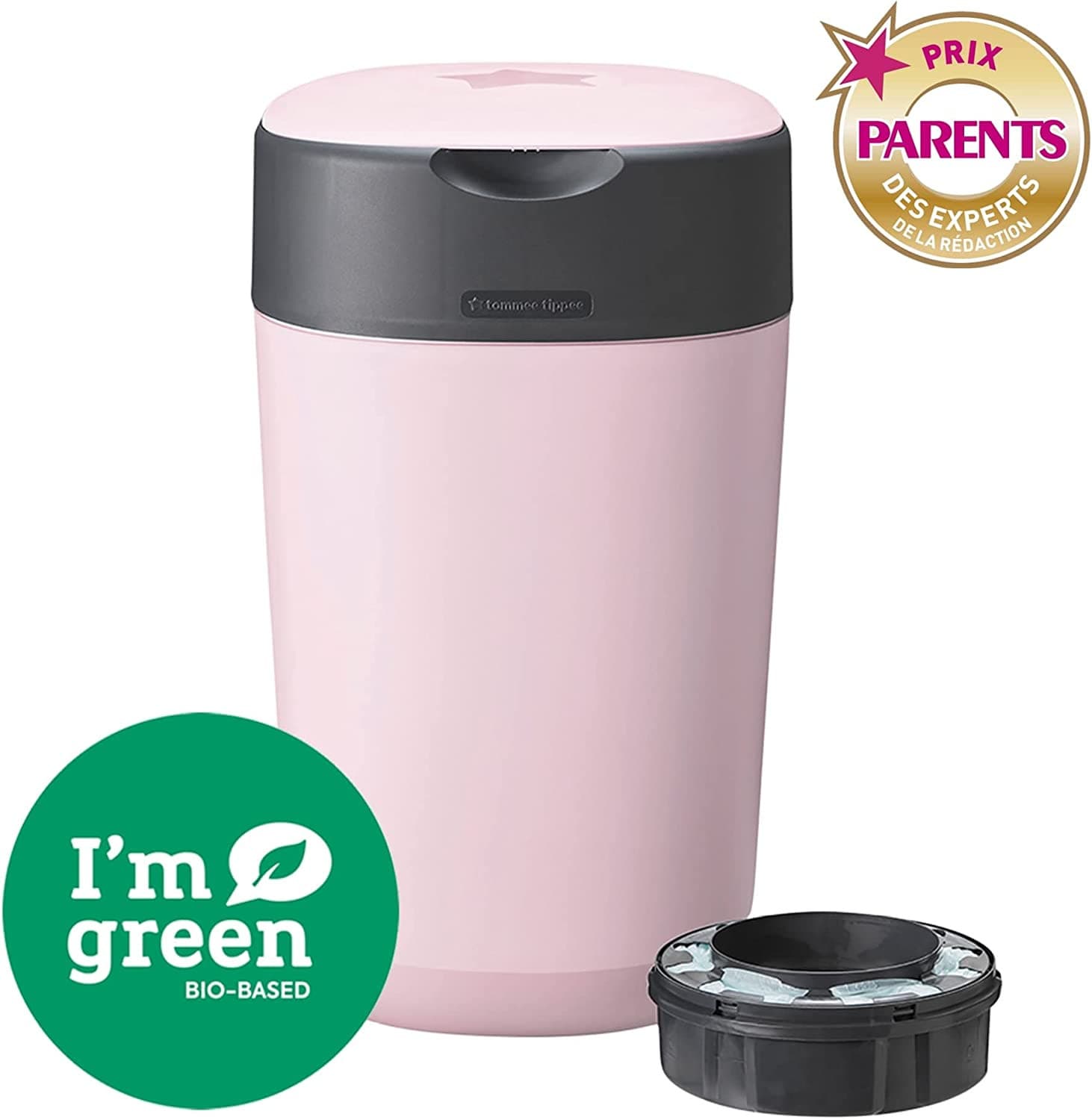 Tommee Tippee Twist and Click Advanced Nappy Bin, Eco-Friendlier System, Includes 1x Refill Cassette with Sustainably Sourced Antibacterial GREENFILM, Pink.