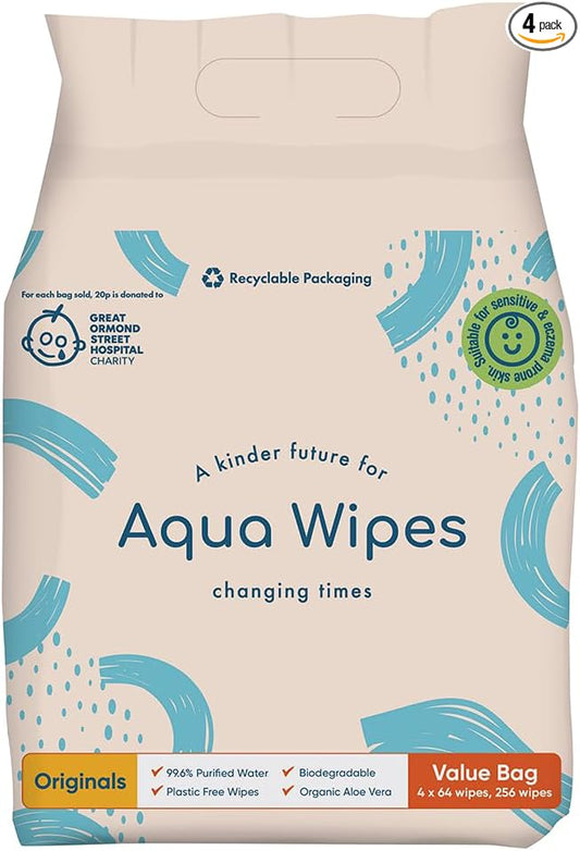 Aqua Wipes 100% Biodegradable Baby Wipes Multipack - (Pack of 4, 64pcs)