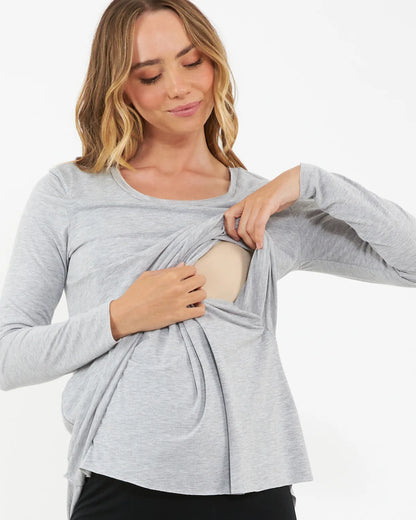 Ripe Maternity Short Raw Edge Nursing Top (Silver, Large)