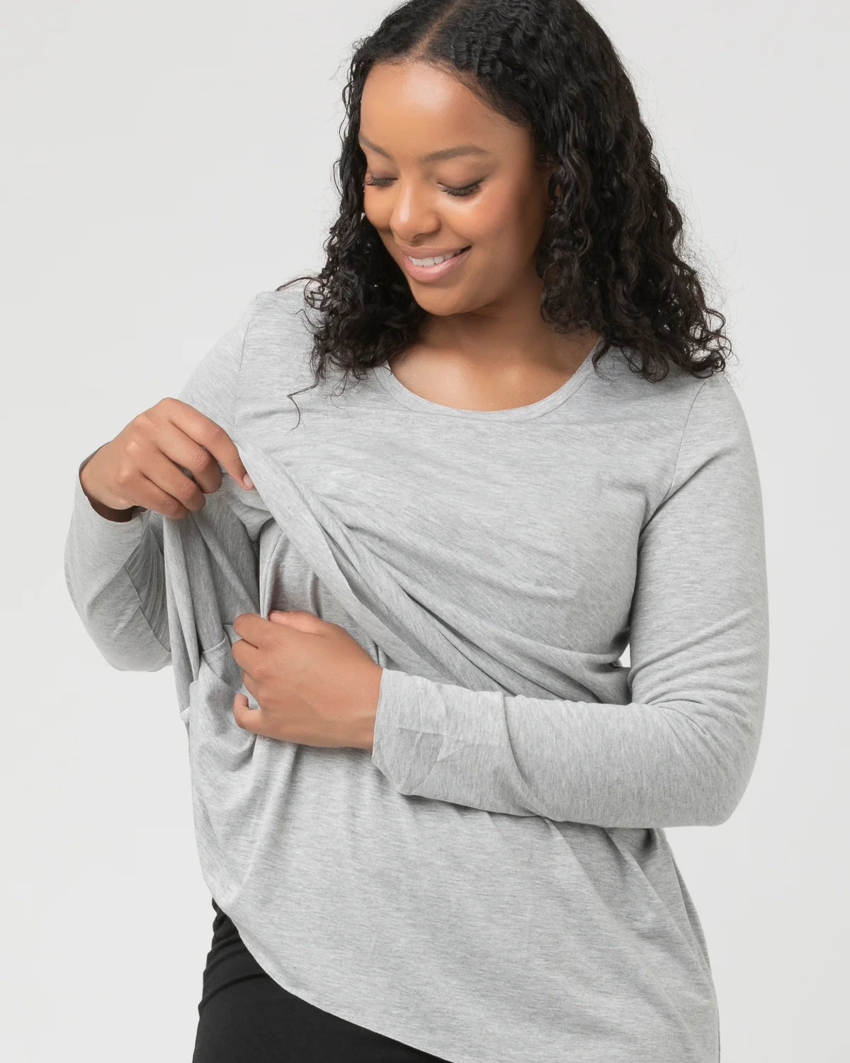 Ripe Maternity Short Raw Edge Nursing Top (Silver, Large)