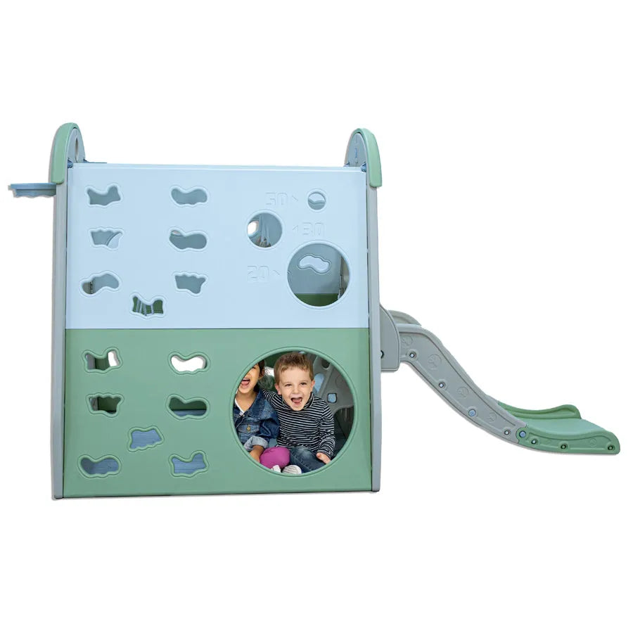 Little Toddlers Playhouse With Swing Slide Rings Basketball Hoop With Climbing Frame In (White Beige And Light Mint Green)