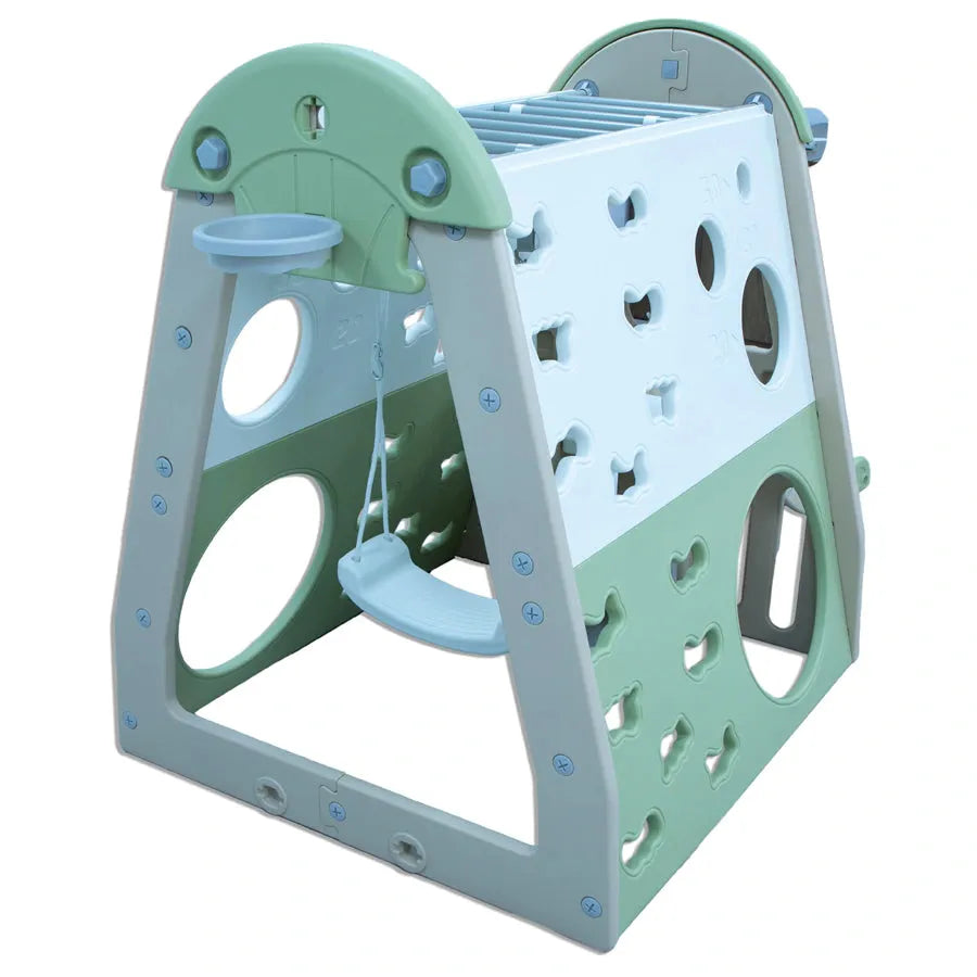 Little Toddlers Playhouse With Swing Slide Rings Basketball Hoop With Climbing Frame In (White Beige And Light Mint Green)