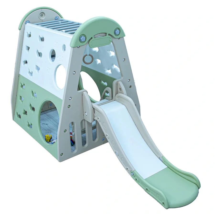 Little Toddlers Playhouse With Swing Slide Rings Basketball Hoop With Climbing Frame In (White Beige And Light Mint Green)