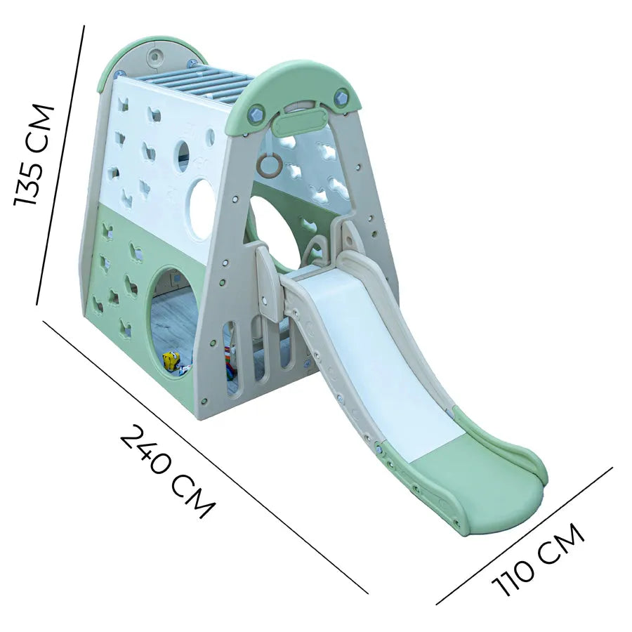 Little Toddlers Playhouse With Swing Slide Rings Basketball Hoop With Climbing Frame In (White Beige And Light Mint Green)