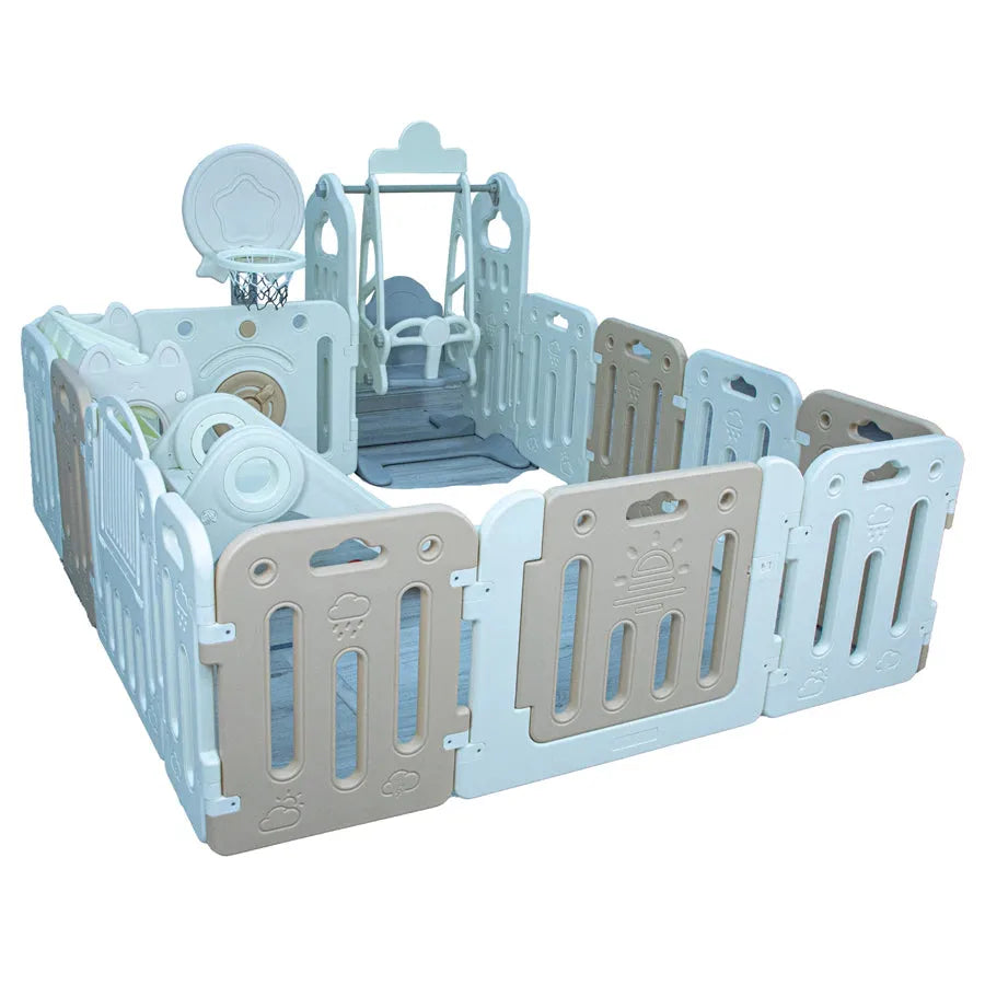 Little Toddlers Playpen (Basketball Hoop,Slide,Swing,Cabinet White/Beige)