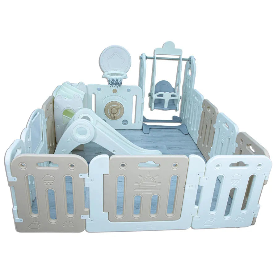 Little Toddlers Playpen (Basketball Hoop,Slide,Swing,Cabinet White/Beige)