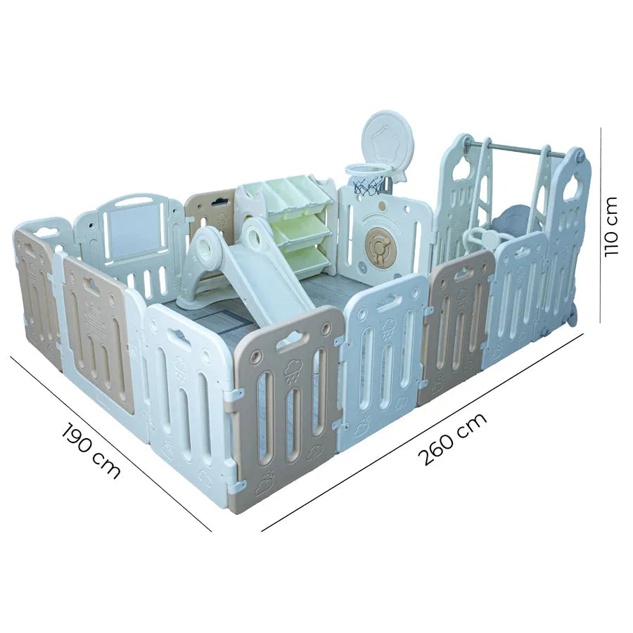 Little Toddlers Playpen (Basketball Hoop,Slide,Swing,Cabinet White/Beige)