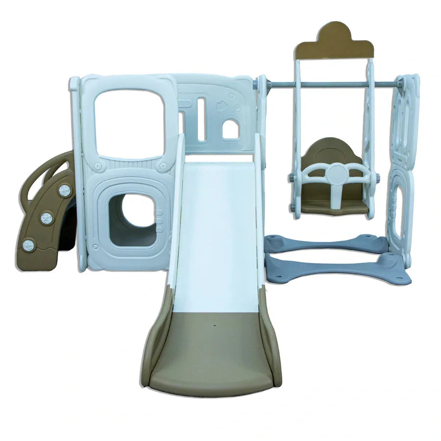 Little Toddlers Playground With Climber Upper Deck Lower Storage Drawing Board Slide And Height Adjust Swing Set (Cofee-Off/White)