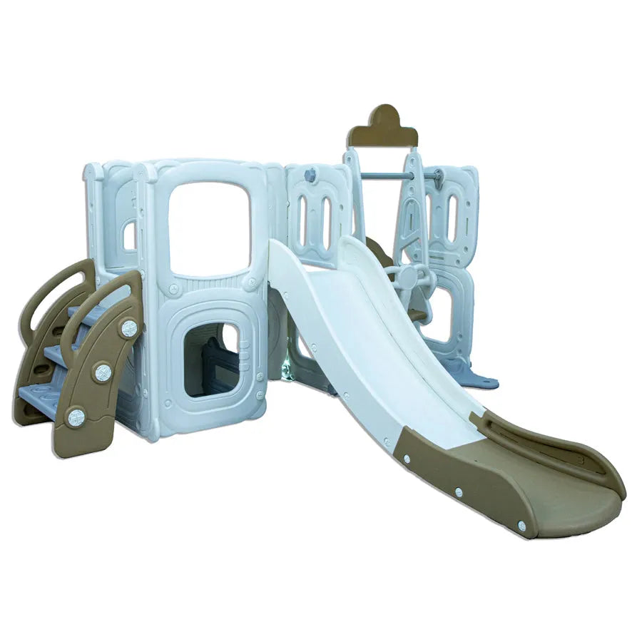 Little Toddlers Playground With Climber Upper Deck Lower Storage Drawing Board Slide And Height Adjust Swing Set (Cofee-Off/White)