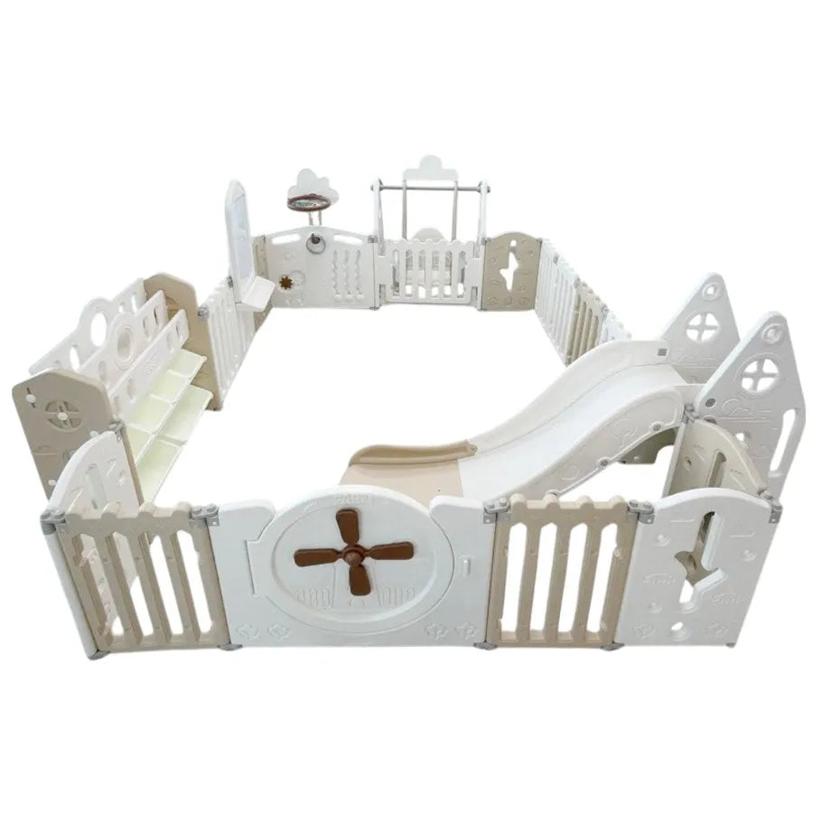 Little Toddler Playpen (Basketball, Hoop, Rocking, Horse Toy, Cabinet, Drawing Board, White/Beige)