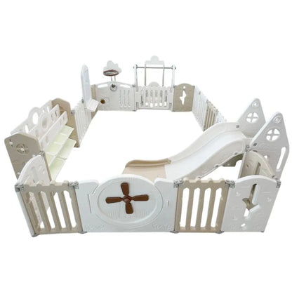 Little Toddler Playpen (Basketball, Hoop, Rocking, Horse Toy, Cabinet, Drawing Board, White/Beige) 180cmx240cm