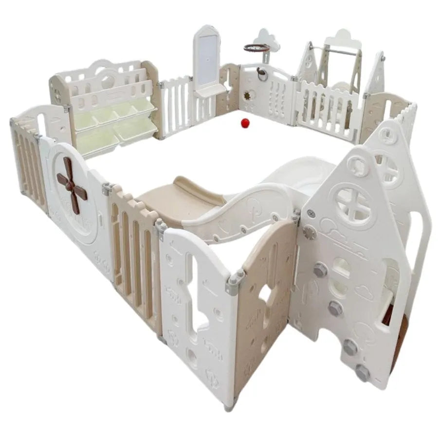Little Toddler Playpen (Basketball, Hoop, Rocking, Horse Toy, Cabinet, Drawing Board, White/Beige)