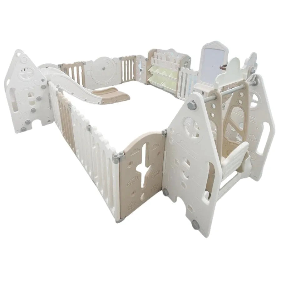 Little Toddler Playpen (Basketball, Hoop, Rocking, Horse Toy, Cabinet, Drawing Board, White/Beige)