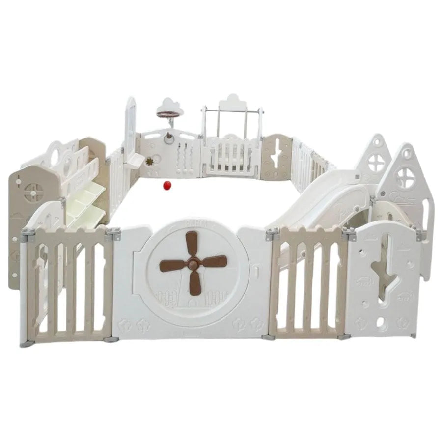 Little Toddler Playpen (Basketball, Hoop, Rocking, Horse Toy, Cabinet, Drawing Board, White/Beige)