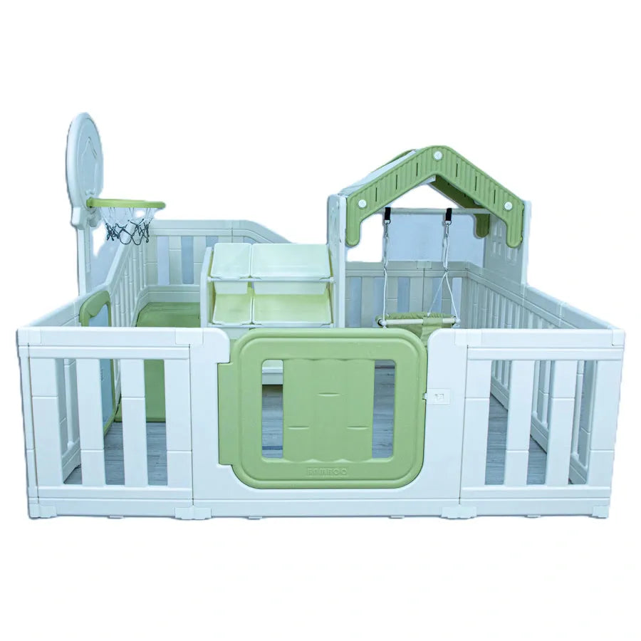 Little Toddlers Amusement Park (Kids Playhouse,Slide,Basketball Hoop,Storage Bins, Mint Green/Off White)
