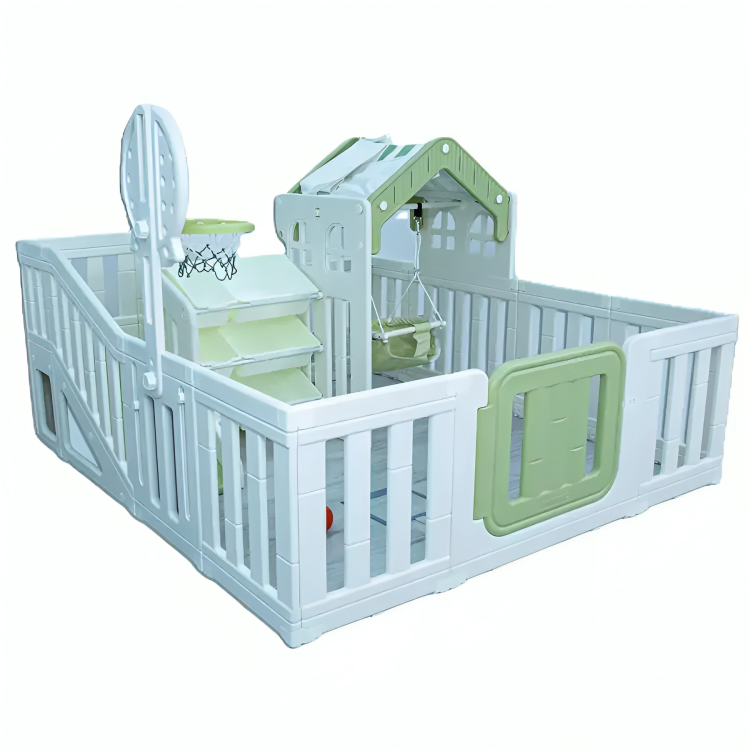 Little Toddlers Amusement Park (Kids Playhouse,Slide,Basketball Hoop,Storage Bins, Mint Green/Off White)