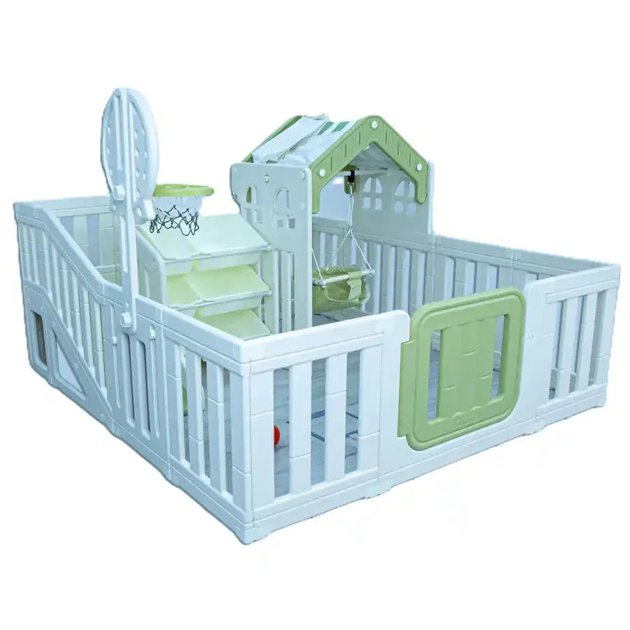 Little Toddlers Amusement Park (Kids Playhouse,Slide,Basketball Hoop,Storage Bins, Mint Green/Off White)