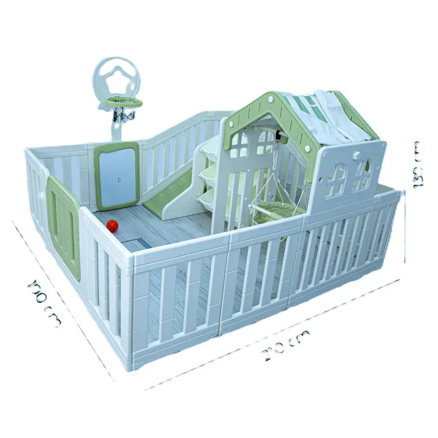 Little Toddlers Amusement Park (Kids Playhouse,Slide,Basketball Hoop,Storage Bins, Mint Green/Off White)