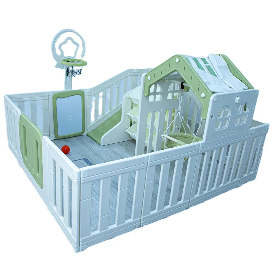 Little Toddlers Amusement Park (Kids Playhouse,Slide,Basketball Hoop,Storage Bins, Mint Green/Off White)