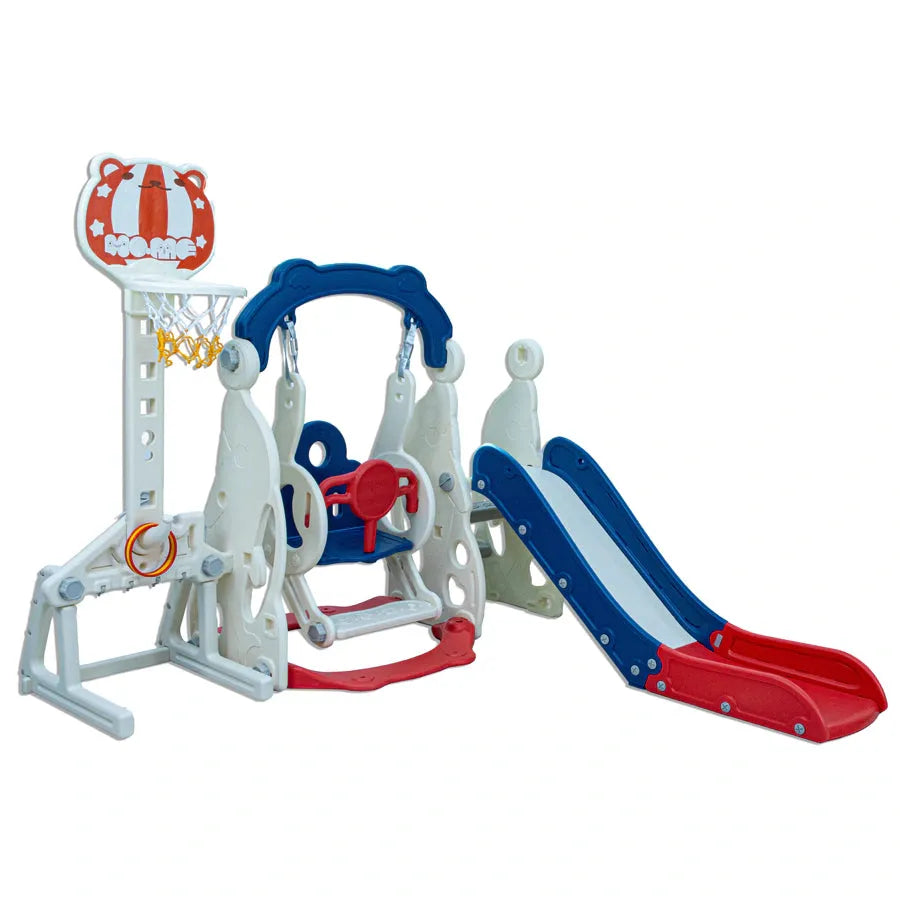 Little Toddlers 4 In 1 Playground With Slide Height Adjust Swing Set Soccer Post Basketball Hoop (Blue/Red)