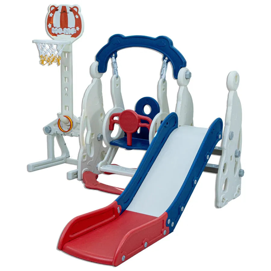Little Toddlers 4 In 1 Playground With Slide Height Adjust Swing Set Soccer Post Basketball Hoop (Blue/Red)