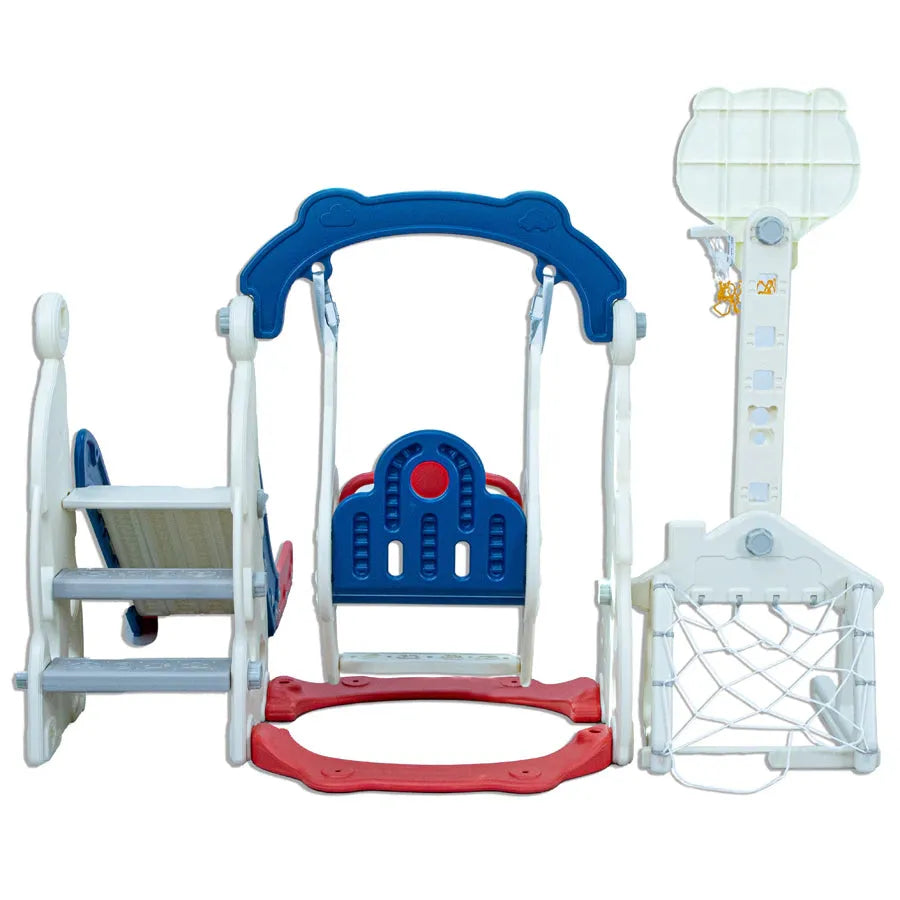 Little Toddlers 4 In 1 Playground With Slide Height Adjust Swing Set Soccer Post Basketball Hoop (Blue/Red)