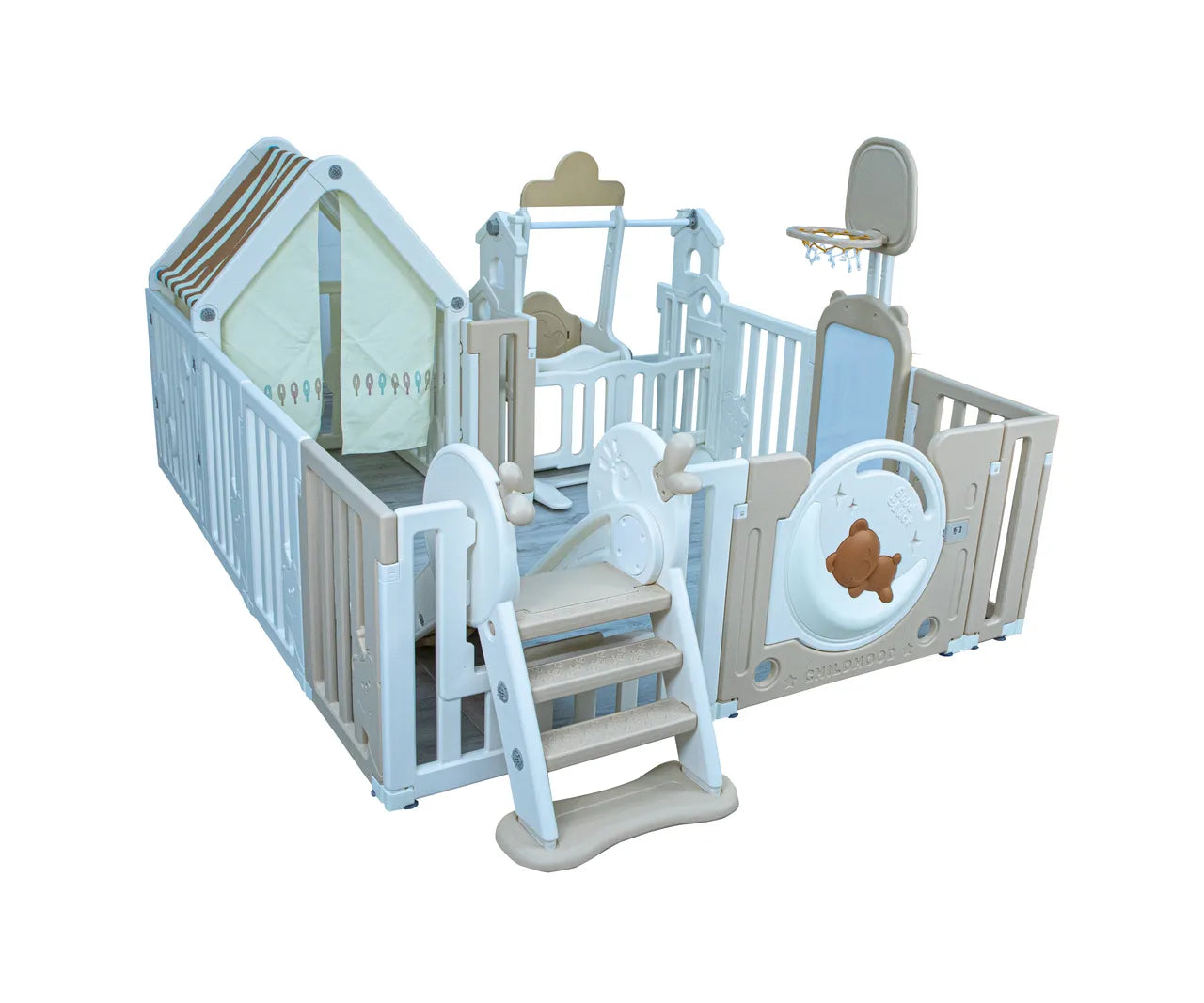 Little Toddlers Bear Moon Playpen (No Mat,Drawing Board,Basketball Hoop,Small House,Swing,Slide, White/Biege)