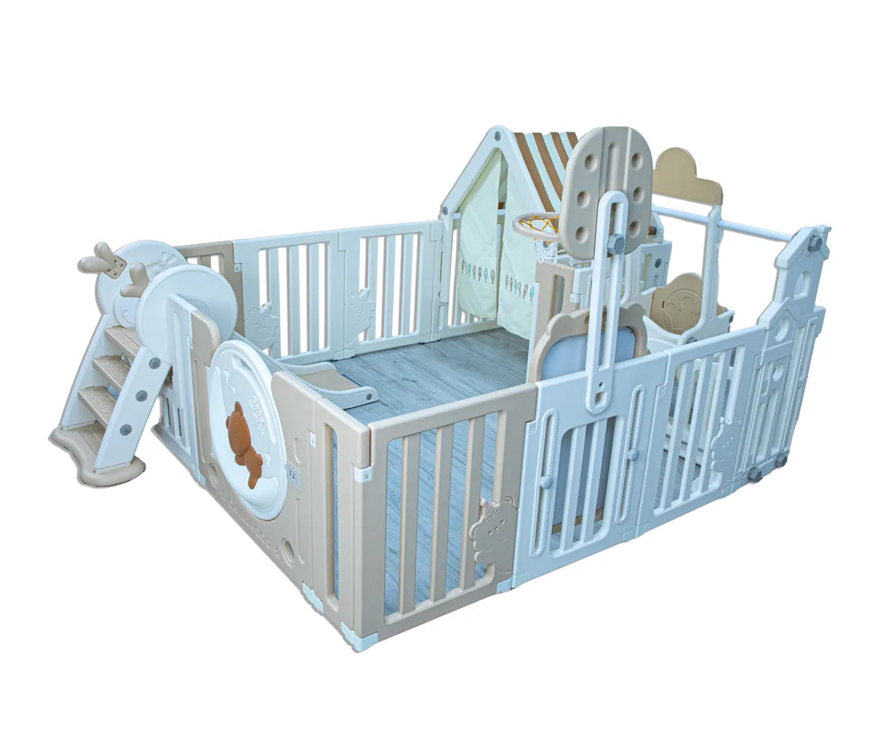 Little Toddlers Bear Moon Playpen (No Mat,Drawing Board,Basketball Hoop,Small House,Swing,Slide, White/Biege)