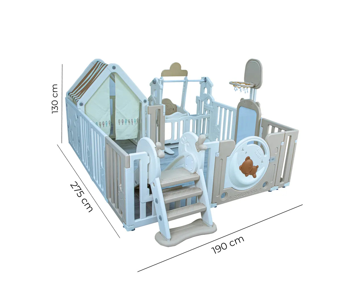 Little Toddlers Bear Moon Playpen (No Mat,Drawing Board,Basketball Hoop,Small House,Swing,Slide, White/Biege)