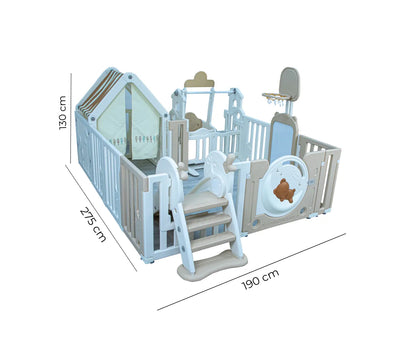 Little Toddlers Bear Moon Playpen (No Mat,Drawing Board,Basketball Hoop,Small House,Swing,Slide, White/Biege)