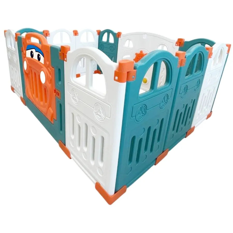 Little Toddlers Foldable Playpen (10 Simple Panel, 1 Game Panel, 1 Door Green/Orange)