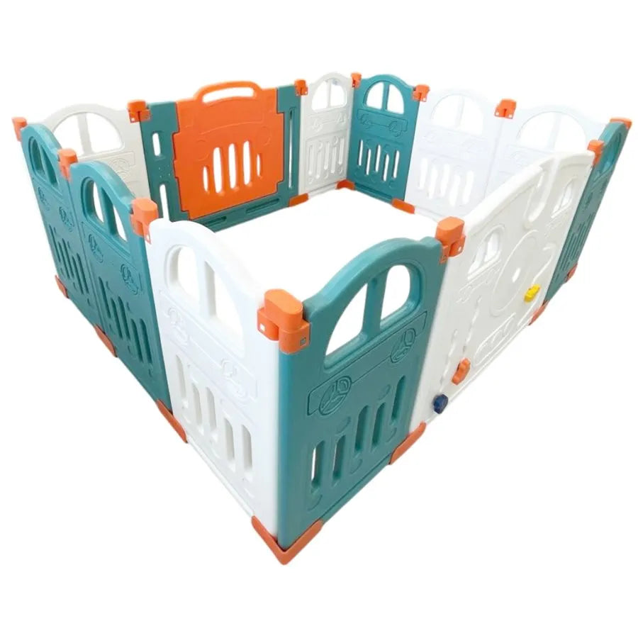 Little Toddlers Foldable Playpen (10 Simple Panel, 1 Game Panel, 1 Door Green/Orange)