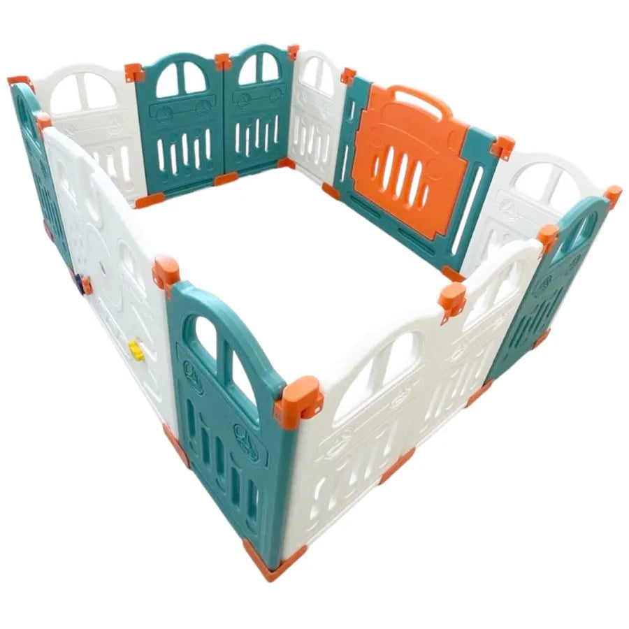 Little Toddlers Foldable Playpen (10 Simple Panel, 1 Game Panel, 1 Door Green/Orange) 111x155x63 cm