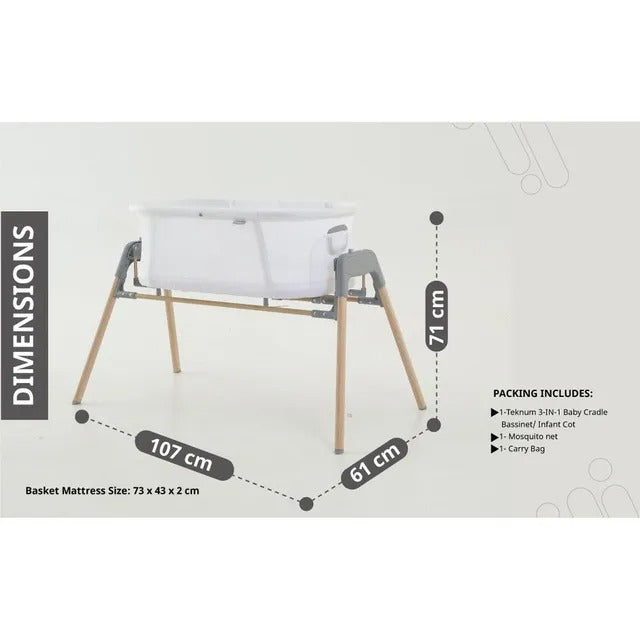 Teknum 3-in-1 Baby Cradle Bassinet With Mosquito Net – White.