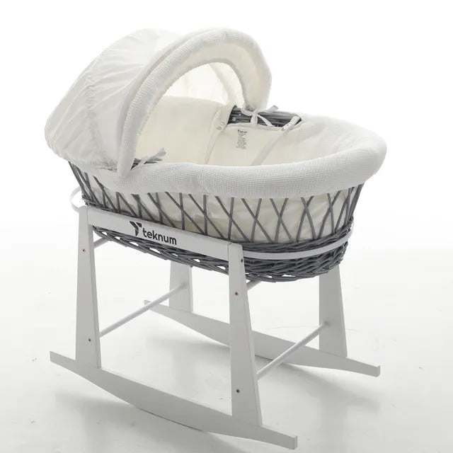 Teknum Wicker Moses Basket With Waffle Beddings & Stand – Grey