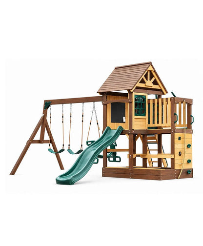 MOUNTPEAK - Mururata Wooden Outdoor Swing Set & Playhouse with Wave Slide, Climbing Wall, Sandbox & 3 Swings - Brown & Green