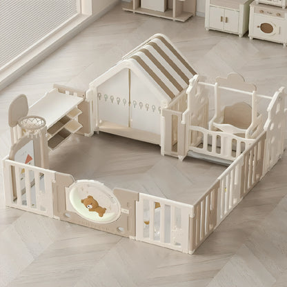 Little Toddlers Bear Moon Playpen (No Mat), Drawing Board, Basketball Hoop, Small House, Swing - Slide, White - Biege