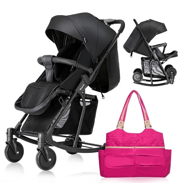 Teknum Stroller with Rocker & Pink Diaper Tote Bag – Black.