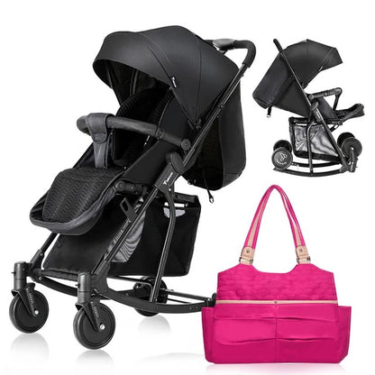 Teknum Stroller with Rocker & Pink Diaper Tote Bag – Black.