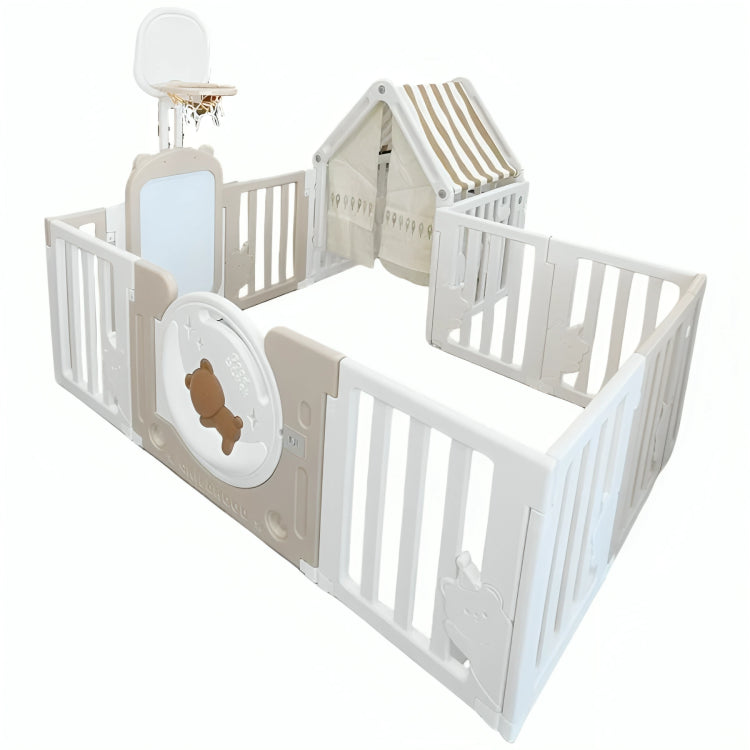 Little Toddlers Bear Moon Playpen (No Mat, Drawing Board+Basketball Hoop+Small House+Swing+Moon Light)