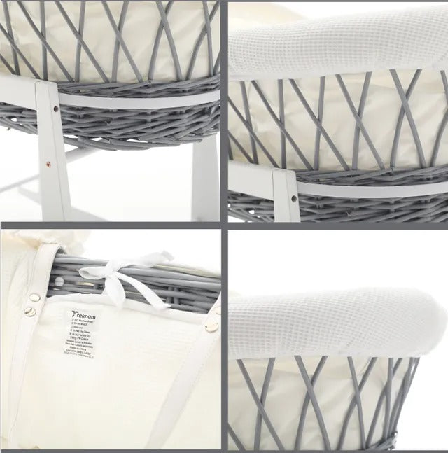 Teknum Wicker Moses Basket With Waffle Beddings & Stand – Grey