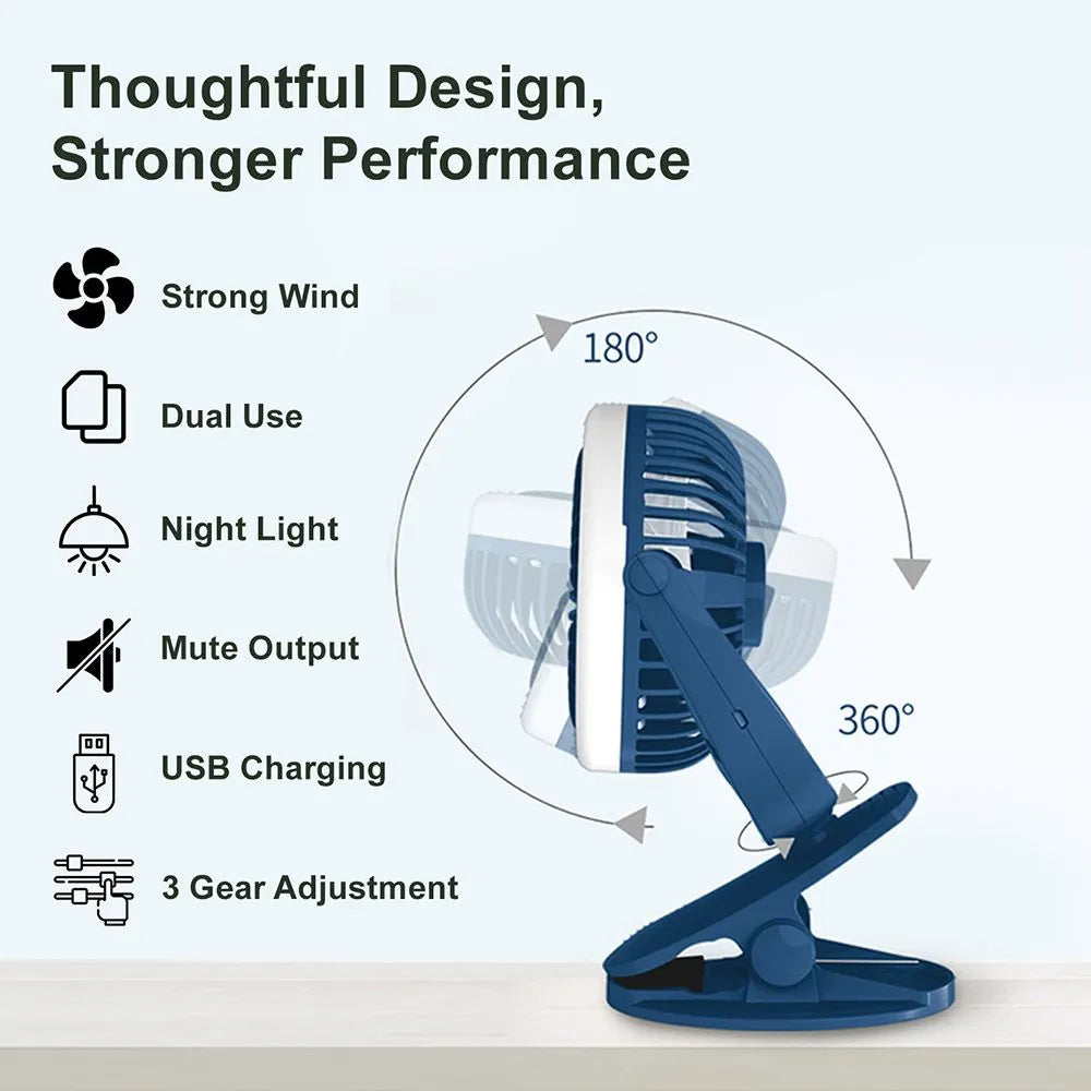 Teknum 2-In-1 Stroller USB Charging Fan with Light (Blue)