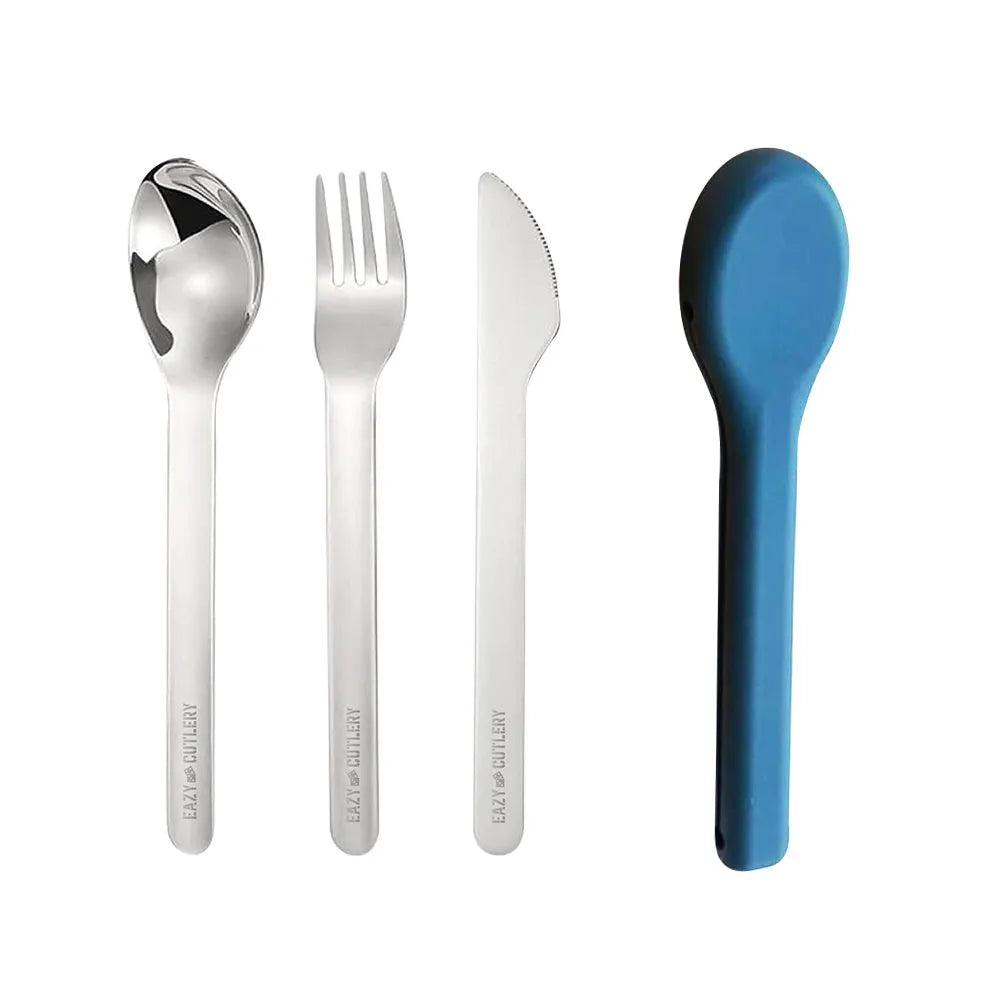 Eazy Kids Portable Travel Cutlery Set (Stainless Steel Spoon, Fork & Knife with Silicone Case)