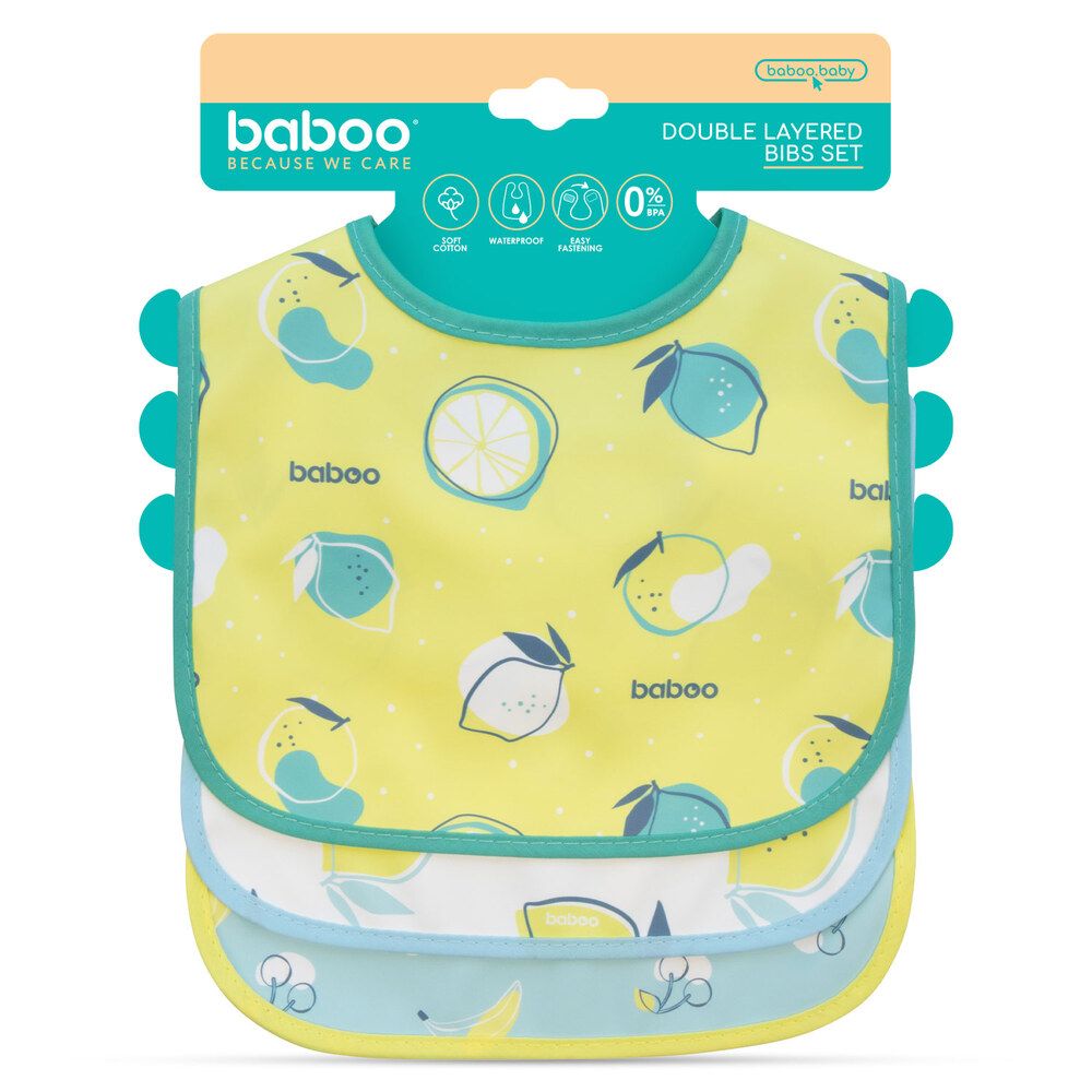 Baboo Double Layer Waterproof Bib Set (0m+ | Lagoon Fiesta) - Pack of 3
